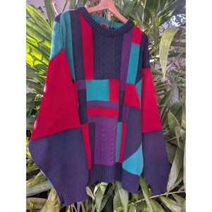Vintage Boston Traders sweater L color block red purple green 100% cotton 90s